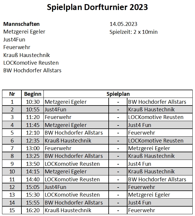 Spielplan Dorfturnier 2023